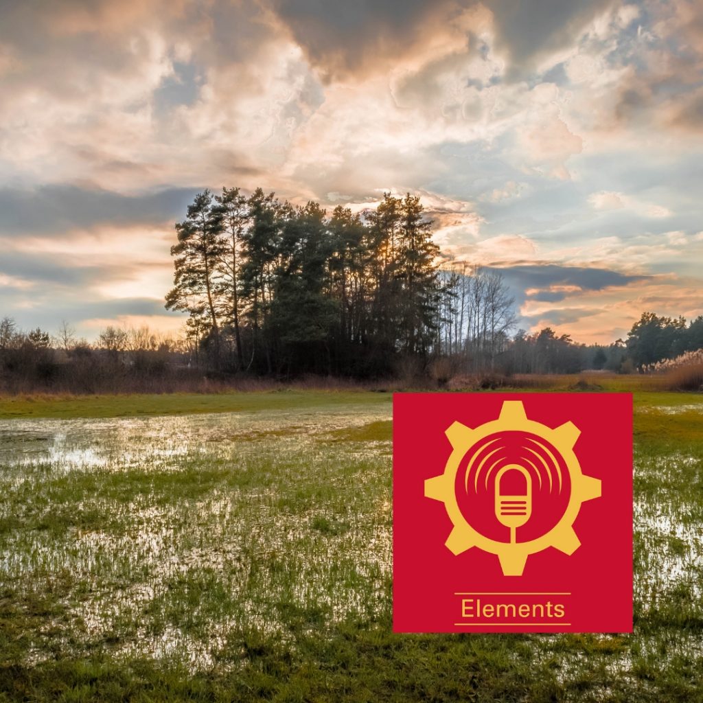 Helmers Flooding Podcast icon with a flooded field