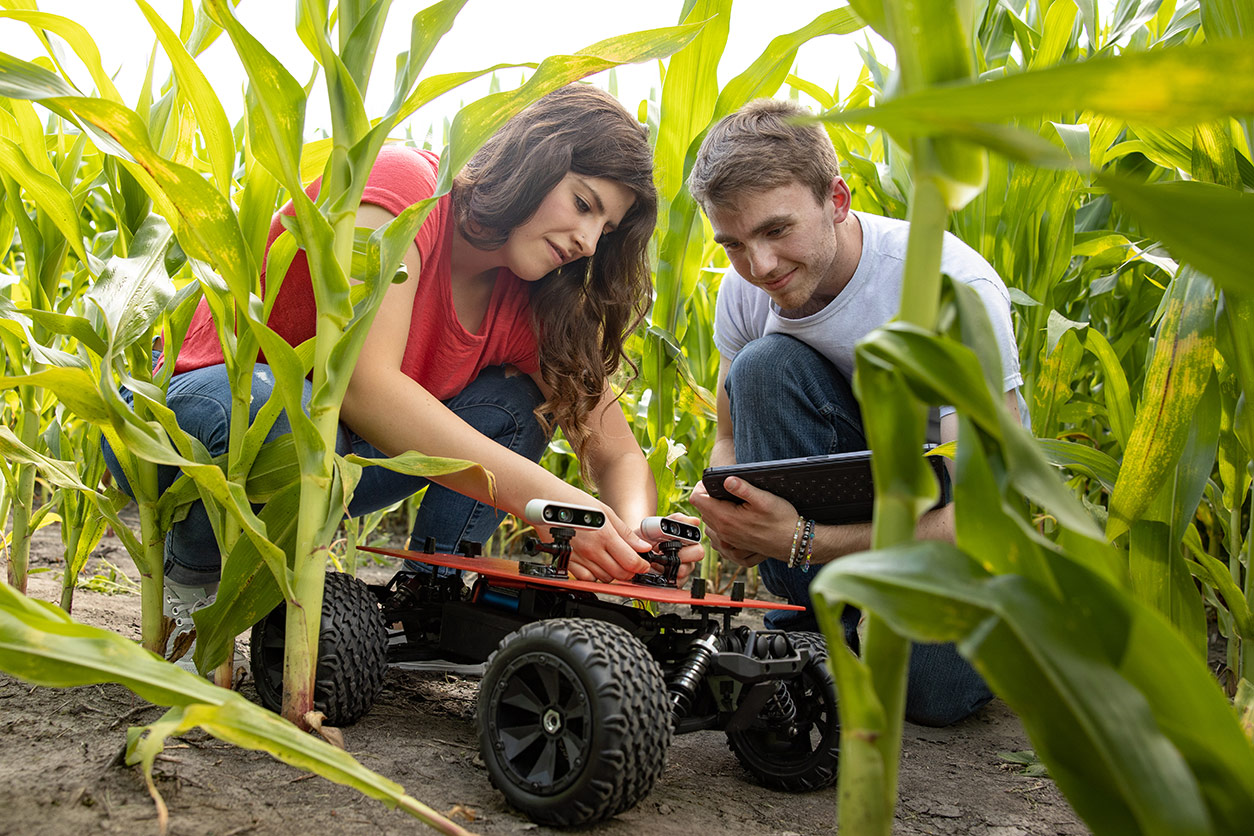 students work with robot in cornfield